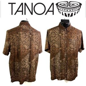 Tanoa Hawaii ✨ Hawaiian Aloha 4 Way Stretch Men Shirt • LARGE • Tribal • Brown